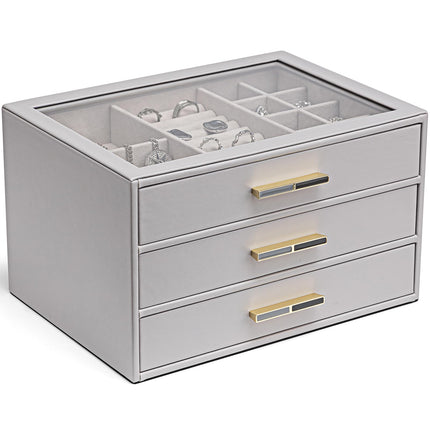 Vlando Jewelry Box for Women, Glass Lid Jewelry Organizer with 3 Drawers for Necklaces Rings Earrings Bracelets - Grey