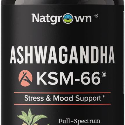 Natgrown Ashwagandha KSM 66 Supplement 600 mg - Stress, Mood, & Athletic Support - Organic KSM66 Root Extract with 5% Withanolides - Vegan Capsules - 60 Count