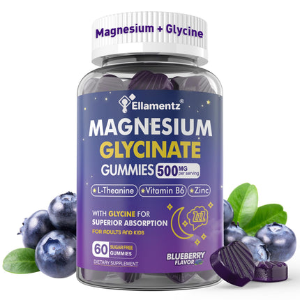 Magnesium Glycinate Gummies for Kids 6+ & Adults, Kids Magnesium Sleep Aid Gummies 500mg/250mg with L Theanine, B6, Glycine, Zinc for Sleep, Calm, Relax Brain, Muscle, Melotonin Free, Sugar Free, 60Ct
