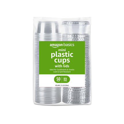 Amazon Basics Disposable Plastic To-Go Cups and Lids, Mini, 2oz, 50 Count, BPA Free, for Condiment, Salad Dressing, Sauces, Jello Shots