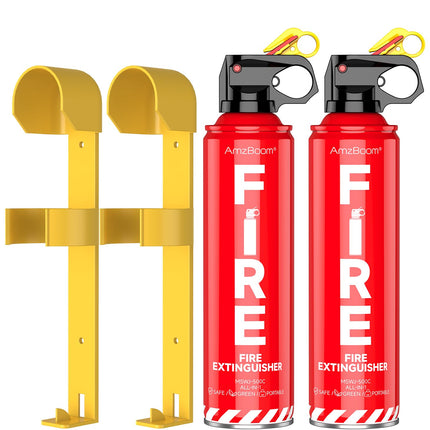 AmzBoom 2-Pack Fire Extinguisher Kit,Compact ABCK Spray for Home, Kitchen, Car, Grill | Eco-Friendly, Anti-Reignition | Mounting Bracket.