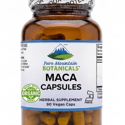 Pure Mountain Botanicals Maca Root Capsules - 1000mg Organic Peruvian Maca - Raw and Gelatinized Blend - 90 Vegan Kosher Caps