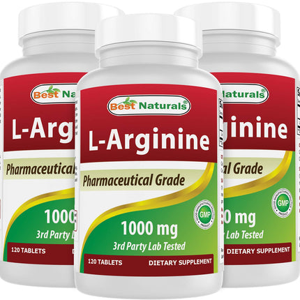 Best Naturals 3 Pack L-Arginine 1000 mg 120 Tablets - Pharmaceutical Grade L Arginine Supplement Promotes Nitric Oxide Synthesis (Total 360 Tablets)