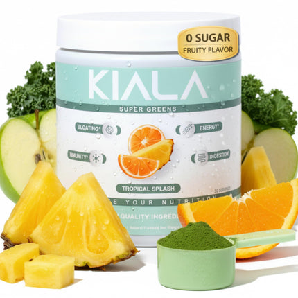 Kiala Nutrition Super Greens, Organic Greens Powder with Spirulina & Chlorella for Digestion, Gut Health, Immunity, Adaptogens, Energy, Gluten Free, Vegan, Sugar Free, Tropical Splash, 30 Servings