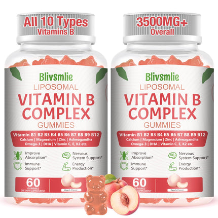 Blivsmlie 33-in-1 Liposomal Vitamin B Complex Gummies - B1, B2, B3, B4, B5, B6, B7, B8, B9, B12, Vitamin C, D3, K2, Calcium, Magnesiun, Zinc for Energy, Brain, Immune, Skin Support & Heart Support