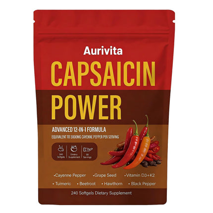 Capsaicin Softgels, Capsaicin Supplements, Cayenne Pepper Softgels Capsules, Capsaicins Powder with Vitamin D3 + K2, Beetroot, Grape Seed and Other Extracts, 240 Capsules (1 pcs)