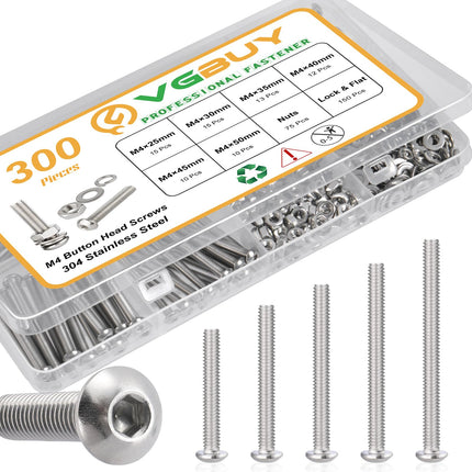 VGBUY 300pcs M4 Screws Assortment, M4 Screws Bolts for 3D Printer DIY, Hex Button Head Cap Screw Bolts Nuts Washer Kit, 304 Stainless Steel, 25/30/35/40/45/50mm