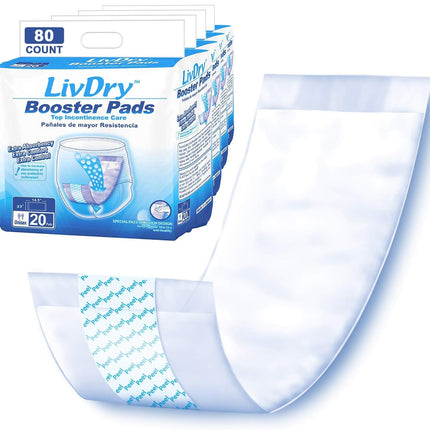 LivDry Incontinence Booster Pads, Use with Adult Diapers for Women and Men, Extra Comfort Softness, Disposable Pad (80 Count, Regular Length)