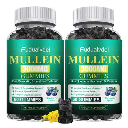 Fudualvdel 2 Packs 3000MG Organic Mullein Gummies for Lung, Mullein Leaf Extract for Lungs - Quercetin, Bromelain for Respiration，Immune and Digestive Support, 120 Count Blueberry Gummys