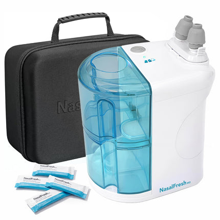 NASALFRESH MD Premium Bundle–Dual Powered Nasal Irrigation System Nasal Rinse and Wash, Sinus Decongestant Relief System, 60 Saline Packets, Case, Rechargeable, 2 Sets of Nose Pillows–Snoring Remedy