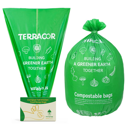TERRACOR 13 Gallon Compostable Trash Bags,50 Count, Heavy Duty Tall Kitchen Food Scrap Waste Bag,Certified BPI and ASTM D6400 Standard