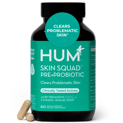 HUM Skin Squad Probiotics for Women and Men, Skin Care Supplement for Clear Complexion & Gut Health Support, Microbiome Prebiotic & Probiotic Supplement for Breakouts, Digestive Health, 60 Capsules