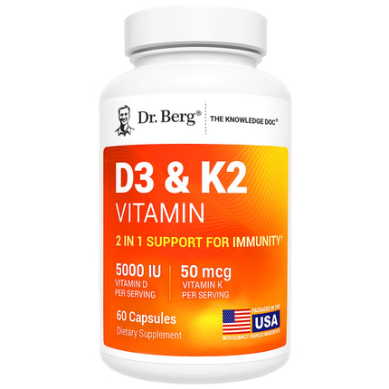 Dr. Berg Vitamin D3 & K2 5,000 IU + MK-7 – 60 Capsules – Immune, Bone & Heart Support* Supplement w/Magnesium, Zinc, B6 – 4X Lab-Tested – No Fillers – Non-GMO, cGMP, Formulated in USA