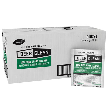 BEER CLEAN Diversey 990224 Low Suds Glass Cleaner for Electric Brushing, Portion Control Bar Glass Washing Powder, Unscented, Packet, 0.5-Ounce (Pack of 100)