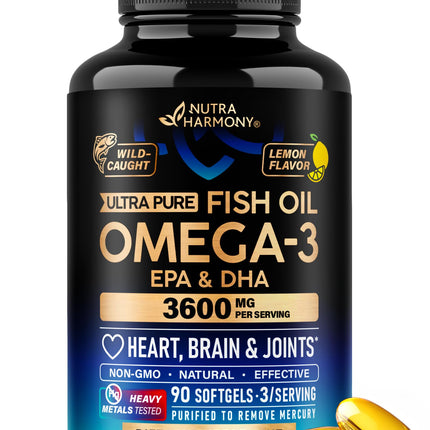 Omega 3 Fish Oil 3600 mg - Omega 3 Supplement | EPA & DHA - Heavy Metals Tested - Heart, Brain & Joint Support - Purified Fish Oil for Men & Women - Lab Tested - Lemon Flavored - 90 Softgels