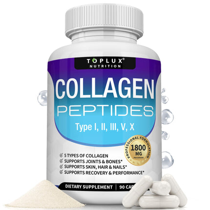 Toplux Multi Collagen Peptides Pills 1800 Mg Complex - Type I, II, III, V, X Premium Collagen Complex for Better Skin & Hair, Strong Joint, Hydrolyzed Protein, for Men Women, 90 Capsules, Supplement