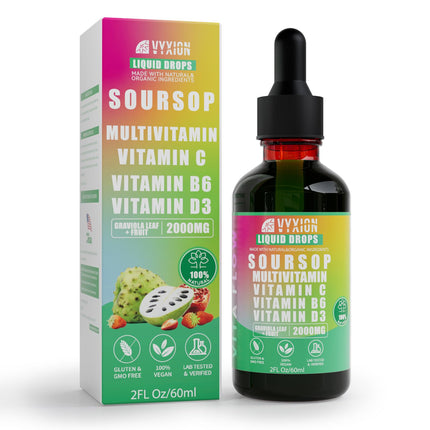 Soursop Bitters Liquid, Soursop Multivitamin Drops - 2000mg 10:1 Extract from Fruit & Leaf, Vitamin B6, C, D3, Graviola Liquid Drops | Vegan, Non-GMO | 2 Fl Oz