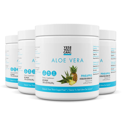 Yes You Can! Aloe Vera Powder Drink Mix - Hydration Booster Infused with Pure Organic Aloe Vera Extract - Delicious Flavors - Made in USA - Antioxidant Rich - Pineapple Flavor - 40 Servings Per Canister (4 Pack)