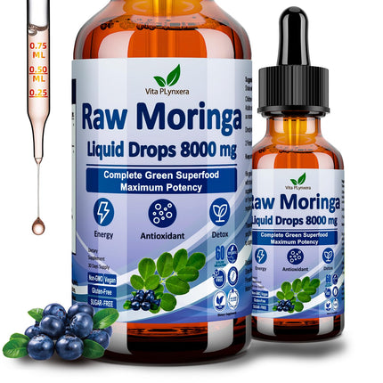 Raw Moringa Liquid Drops 8000 mg, Organic Moringa Oleifera Leaf Extract w. Supergreens Blend of Wheatgrass, Barley Grass for Antioxidant, Energy & Immune, High Potency Than Capsules Powder