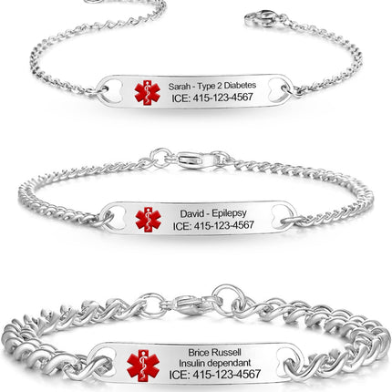 Personalized Medical Alert ID Bracelets for Women & Men Stainless Steel