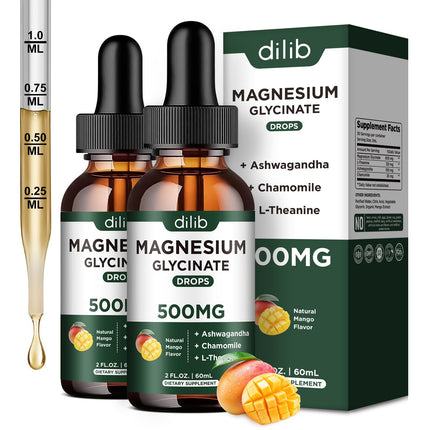 dilib Magnesium Glycinate Liquid Drops Supplement, with Magnesium Glycinate 500mg Ashwagandha, L - Theanine, Chamomile -Support Stress Relief, Bone, Muscle, Mood Mango Flavor 2Pack