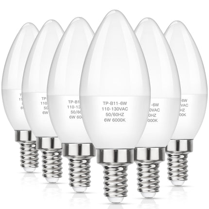MAXvolador E12 LED Candelabra Light Bulbs 60W Equivalent, Cool White 6000K 600 Lumens Chandelier Bulb, 6W B11 Candle Base, Non-Dimmable, Pack of 6