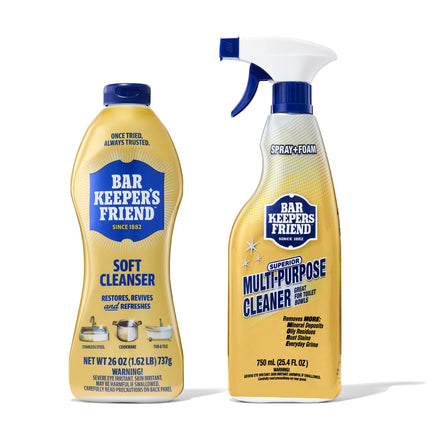 Bar Keepers Friend Soft Cleanser 26 oz + Spray & Foam Multipurpose MORE Spray Cleaner 25.4 oz, Multi Purpose Cleaner Bundle, Removes Grease, Rust Stains, Soap Scum & More in Home & Outdoors