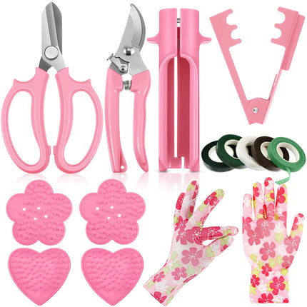 14 Pcs Mother's Day Rose Stripper Thorn Remover Tool Garden Pruning Shears Scissors Kit Leaf Stripping Tool Floral Gloves and Floral Tape Flower Stripper Kit Gift for Wedding Outdoor Gardening(Pink)