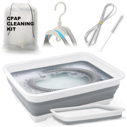 CPAP Cleaning Kit with 360° Hose Hanger, 7ft Tube Brush and Collapsible Wash Basin, Flexible Brush for Hose & Mask, Extra Large Storage Bag, CPAP Cleaning Supplies for 15mm & 22mm Hose (4-in-1 Set)