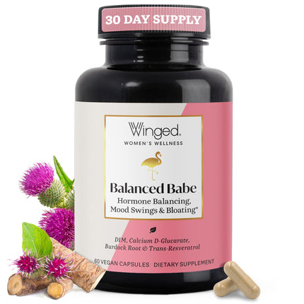 Winged Wellness Balanced Babe, Hormone Balance & Estrogen Detox Supplement for Women - 100mg DIM & Milk Thistle for PMS Bloating, Cramps, Mood, Hormonal Acne, & PCOS Support, 60 Capsules