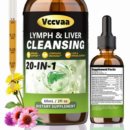 Lymph & Liver Cleanse Liquid Drops, 20-in-1 Lymphatic Drainage Drops, Natural Herbal Complex with Milk Thistle, Echinacea, Fucoxanthin - Gentle Detox & Immune Support, 2 Fl Oz