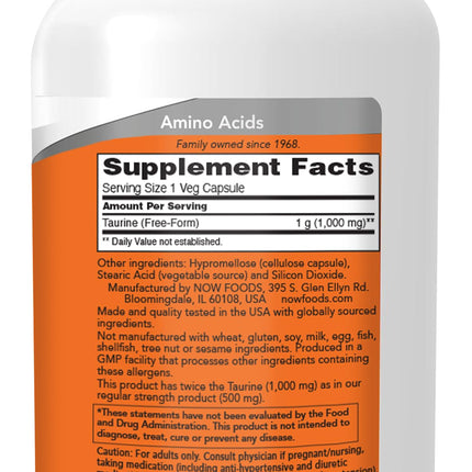 NOW Foods Supplements, Taurine 1,000 mg, Double Strength, Nervous System Health*, 200 Veg Capsules (2)