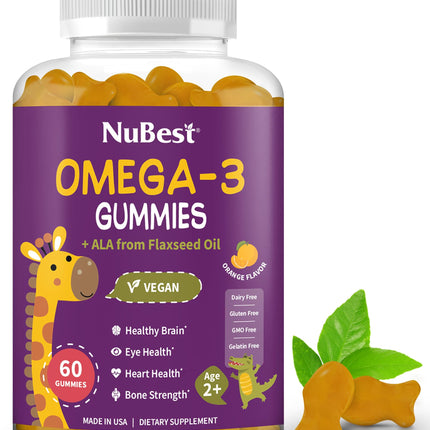NuBest Omega 3 Gummies for Kids & Teens with Flaxseed Oil | Supports Brain Growth, Mental Clarity, Focus, and Eye Health | No Added Sugar | Orange Flavor | 60 Premium Vegan Gummies | 1 Month Supply