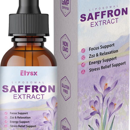Elysx Liposomal Saffron for Kids & Adult, Organic Saffron Extract Liquid Drops with Holy Basil, Rosemary, L-Theanine for Stress, Focus, Energy Support, Eye Health, Vegan, Strawberry Flavor, 2 FL OZ