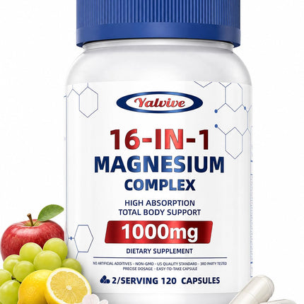 1000mg Magnesium Complex for Women & Men, 16 in 1 High Absorption | Glycinate, Citrate, Malate, Taurate | Sleep, Nerve, Heart, Bone, Muscle & Energy | Non-GMO, Gluten-Free, 120 Capsules