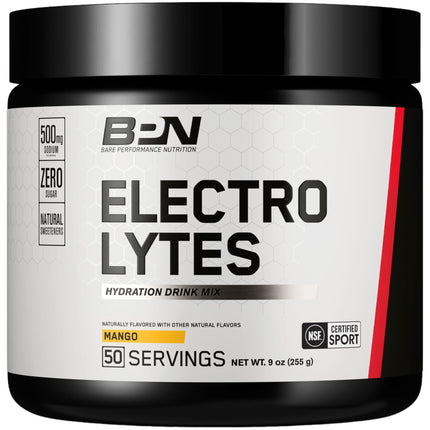 BARE PERFORMANCE NUTRITION BPN Electrolytes Hydration Drink Mix | Sugar Free Electrolyte Powder | 500mg Sodium per Serving | Naturally Sweetened | Mango, 50 Servings