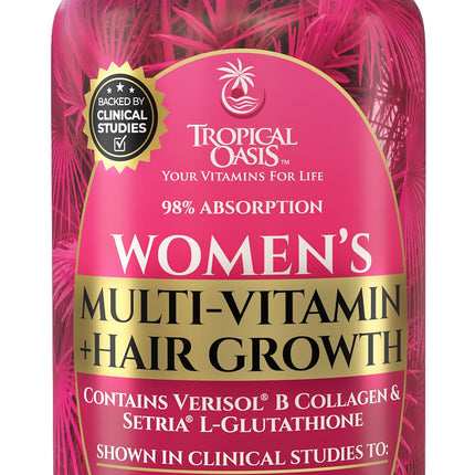 Tropical Oasis Women's Liquid Multivitamin + Hair Growth | Clinically Tested for Thicker Hair, Wrinkles, Brighter Skin, Strong Nails | 2.5g Verisol Collagen | Biotin 12500mcg | 32 Serv