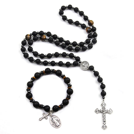 LGEPAH Rosary for Men, Black Lava Rock Beads with St. Benedict Bracelet