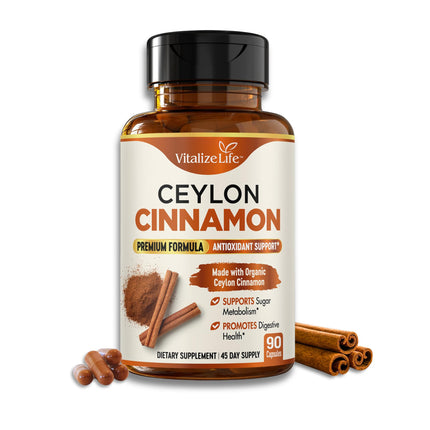 Vitalize Life Ceylon Cinnamon Capsules 1200mg – Made in USA – Certified Organic Cinnamon Supplements – Supports Healthy Metabolism and Glucose Balance – 90 Vegan Pills