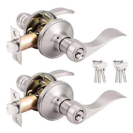 Probrico (2 Pack Wave Style Keyed Alike Entry Levers, Exterior Interior Satin Nickel Keyed Door Handles with Lock and Same Keys, Reversible for Right Left Handed Doors