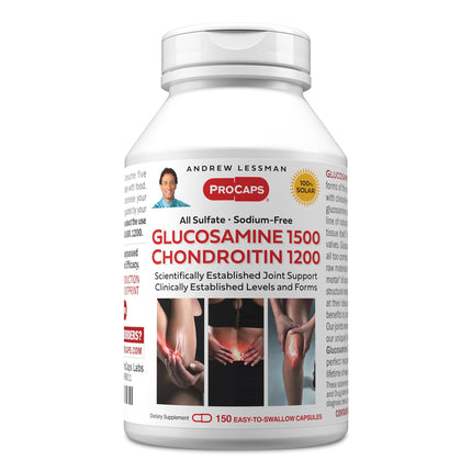 ANDREW LESSMAN Glucosamine 1500 Chondroitin 1200-150 Capsules - All Sulfate, Sodium-Free Form, Research Established Ingredients & Levels for Support of Healthy Joint Tissue. Easy to Swallow Capsules