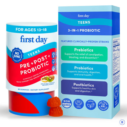 FIRST DAY Vitamins for Teens 3-in-1 Probiotic Gummies - Prebiotic + Probiotic + Postbiotic for Teens Girls & Boys 12-17 – Skin Health, Digestive & Oral Health, Immunity, Energy – 30-Day Supply
