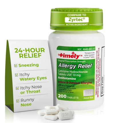 TIME-Cap Labs 200 Tablets Cetirizine HCl 10mg Allergy Relief - Antihistamine for Adults & Children Age 6+, Helps Relieve Sneezing, Runny Nose, Itchy Watery Eyes & Itchy Throat