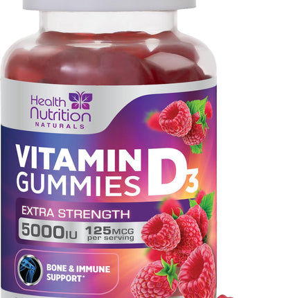 Vitamin D3 Gummies 125 mcg (5000 IU) Per Serving - 3X Strength Immune Support & Bone Support, Vitamin D Gummy Dietary Supplement, Nature's Berry D Vitamin Supplement, Raspberry Flavored - 120 Gummies