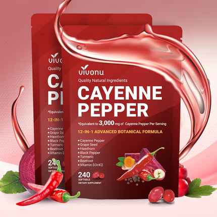 Cayenne Pepper Softgels Supplement, Supports Leg Vein, Heart and Blood Vessel Health, with Vitamin E D3+K2 and Extracts of Grape Seed, Hawthorn, Ginkgo, Turmeric, Beetroot and Others
