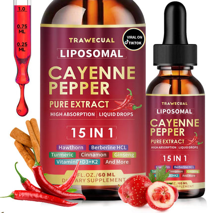 15 in1 Liposomal Cayenne Pepper Liquid Drops Supplement, with Vitamin D3 K2, Hawthorn, Berberine HCL, Beet Root, Turmeric, Cinnamon, Digestion, Circulatory Heath Support- 2 Fl Oz for 30 Days