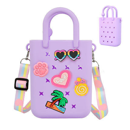 Mini Rubber Tote Bag, EVA Waterproof Beach Tote for Little Girls And Woman, Silicone Hole Small Bag for Travel Outdoor, Cute Rubber Beach Bag with 20 Charms & Adjustable Shoulder Strap