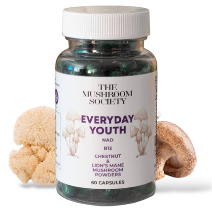 The Mushroom Society Everyday Youth - Anti-Aging Supplement - Brain & Cellular Energy Formula – Lion’s Mane, Chestnut, NAD, B12 + Beta-Glucans - 60 Vegan Capsules
