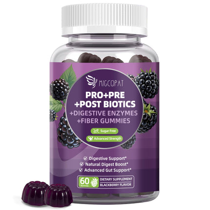 Migcopat Pre Post Probiotics Gummies, Probiotic Prebiotic Postbiotic Digestive Enzymes with Fiber, 120 Billion CFU Probiotics Complete Gut Support, Sugar Free, Vegan, BlackBerry Flavor, 60 Cts