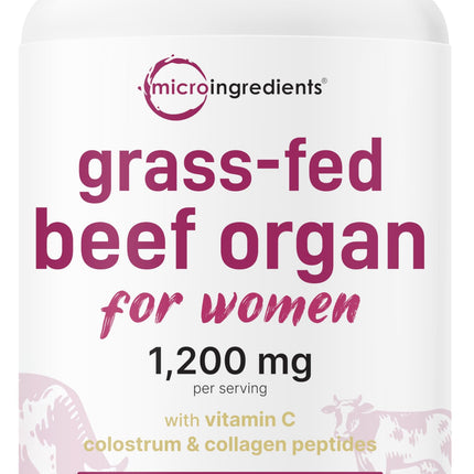 Micro Ingredients Grass‑Fed Beef Organ Supplement for Women – Bovine Beef Liver, Kidney, Heart & Uterus Tissue – 1,200 mg Organ Blend Plus Vitamin C, Colostrum & Collagen – 240 Capsules, No Fillers